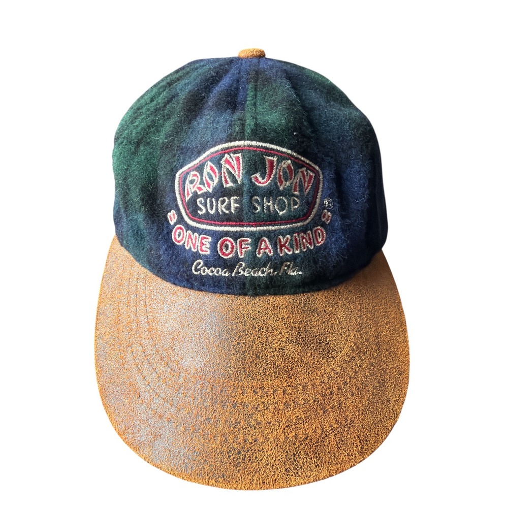 Ron‎ Jon Surf Shop Plaid Wool Hat Genuine Leather Visor One of a Kind Strapback